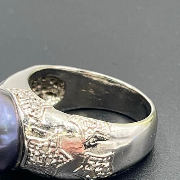 RT Platinum Sterling 12mm Black Cultured Freshwater Pearl Diamond Star Ring 7.25 - Picture 6 of 12